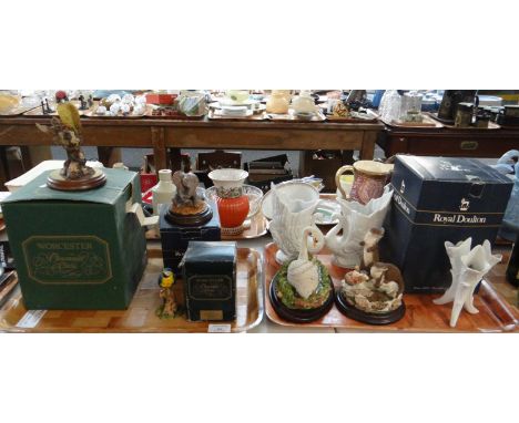 Two trays of mostly animal figures to include; Worcester ornamental studios woodpecker and parrot, both in original boxes, Ro