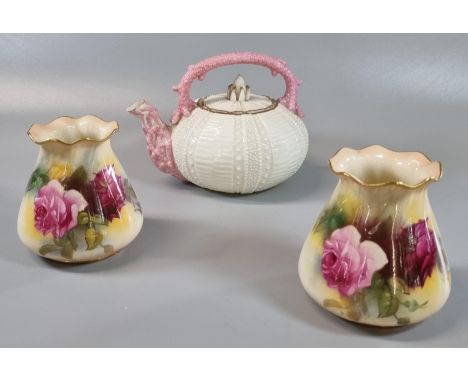 Pair of Royal Worcester G957 rose vases, together with a Belleek Irish porcelain coral relief decorated teapot with black pri