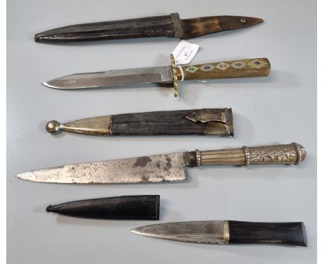 Group of three sheath knives, to include: one with brass and hardwood hilt with mother of pearl inlay, the blade marked 'Witn