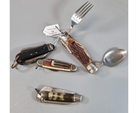 Collection of clasp knives, to include: two folding knife fork and spoon sets with horn or simulated horn scales, two bladed 