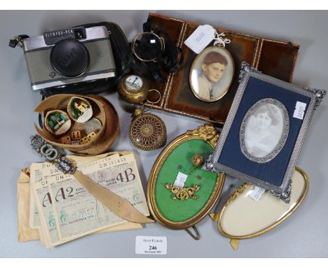 Box of oddments to include: Olympus-pen camera, miniature dagger with mosaic decoration, portrait miniature in fitted leather