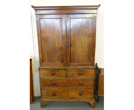 19th century oak two stage press cupboard having an arrangement of two short and two long drawers on bracket feet.  (B.P. 21%