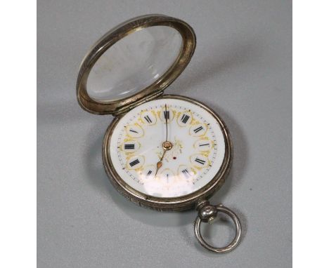 Early 20th century silver engine turned enamelled face ladies fancy fob watch.  (B.P. 21% + VAT) 