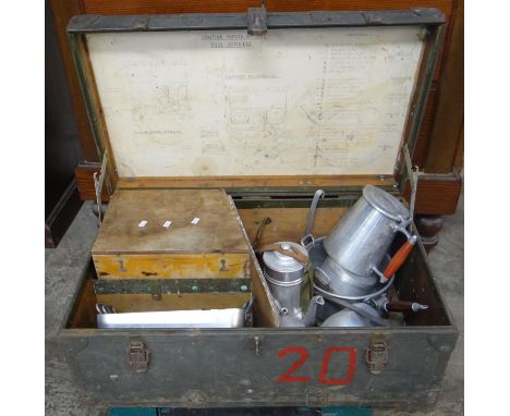 Vintage French Army trunk containing a collection of aluminium cooking utensils. (B.P. 21% + VAT)