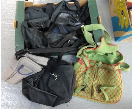 Box containing various bags and other fishing/hunting accessories; two duffle bags; one larger with wheels, holdall,  fabric 