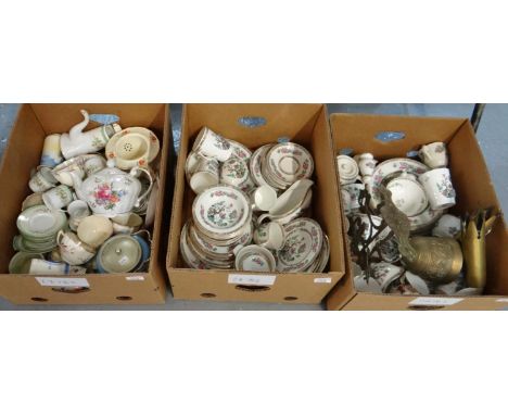 Three boxes of china to include: Royal Vitreous tea and dinnerware; plates, bowls, sauce boats, mugs, milk jugs etc, Flosmaro