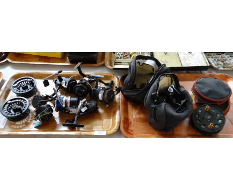 Group of fixed spool fishing reels to include: Diamond 777, Mitchel 206S and others together with two fly reel spools and a s