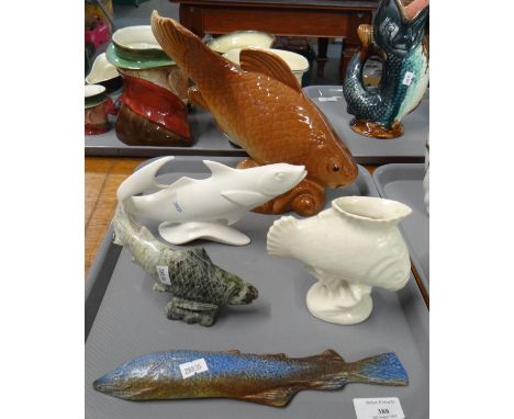 Tray of studies of fish, mostly ceramic to include; a Villeroy & Boch sturgeon, a large carp, a hardstone carved fish etc. (B