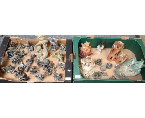 Two boxes of dragons, castles and other fantasy models to include: WAPW Myth and Magic pewter figurines with impressed marks 