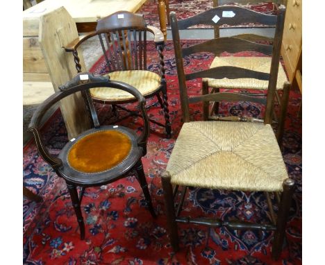 Set of three ladder back chairs with rush seats, impressed marks 'Gardiner', together with an early 20th century barley twist