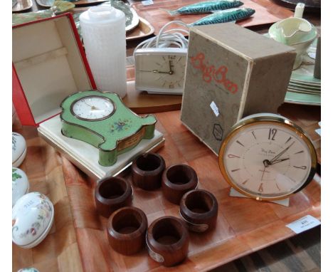 Tray of assorted items to include three alarm clocks; two in original boxes; Big Ben repeater Westclox, Swiza enamelled and a