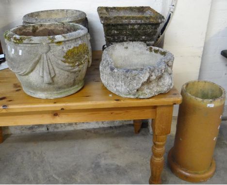Group of assorted composition garden planters to include: a pair with swag decoration, and two others, together with a terrac