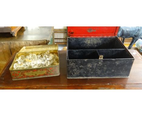 Vintage Callard &amp; Bowser's tin comprising glass chandelier droplets together with a cast metal deed/money box/ (2) (B.P. 