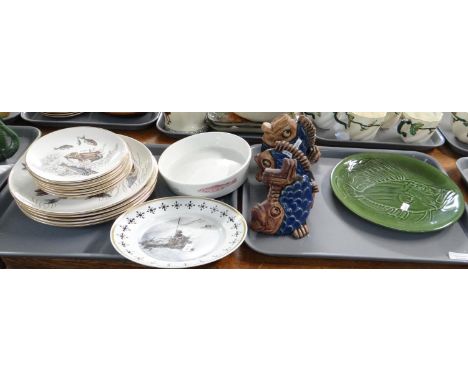 Two trays of fish design ceramic items to include: Lord Nelson ware plates in various sizes, Royal Cauldon char dish, three m