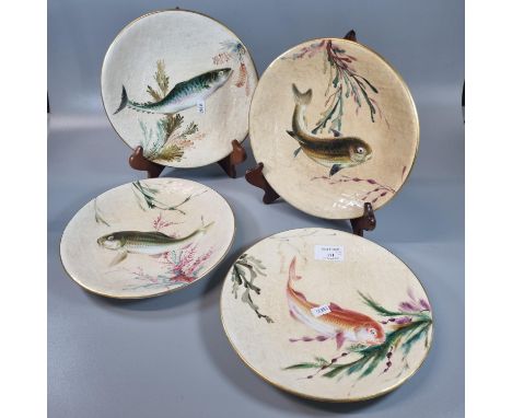 Set of four Royal Worcester Victorian porcelain plates, hand painted and decorated with relief fish amongst reeds: Carp, Mack