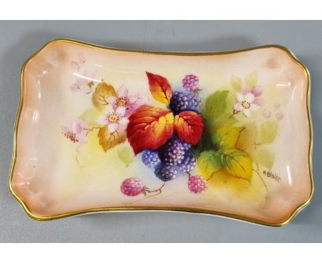 Royal Worcester porcelain hand painted dish with blackberries and foliage. Signed Kitty Blake, circa 1941. Puce printed mark 