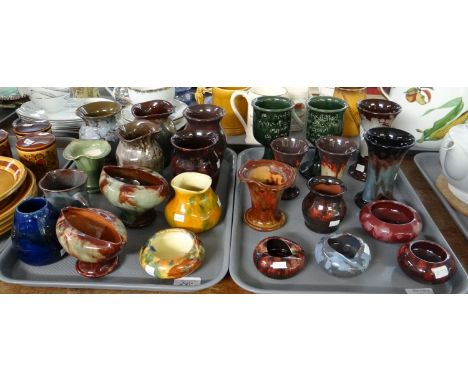 Two trays of Ewenny pottery items to include: two Eisteddfod 1998 green glazed goblets inscribed Crochendy and Ewenny to base