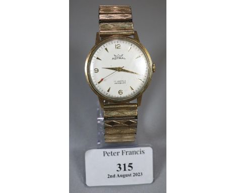 Astral 9ct gold gents wristwatch  with Arabic and Baton numerals to the satin face and sweep seconds hand.  Engraved to the b