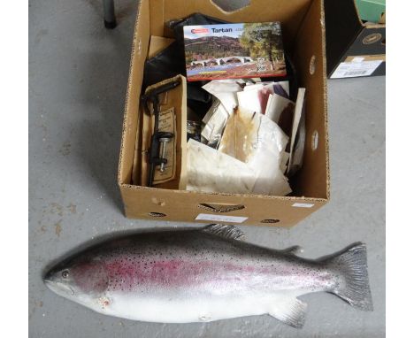 Large plastic half model of a salmon together with a collection of fly tying equipment, feathers etc.  (B.P. 21% + VAT) 