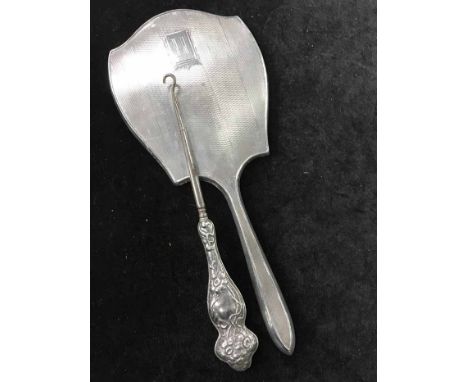 SILVER PHOTOGRAPH FRAME, SILVER BACKED MIRROR, SILVER HANDLED BUTTON HOOK, SILVER BACKED BLOTTER AND OTHER SILVER ITEMS 