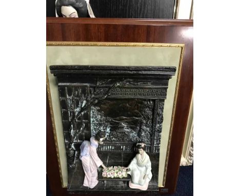 FIVE FRAMED CERAMIC PLAQUES AND TILES