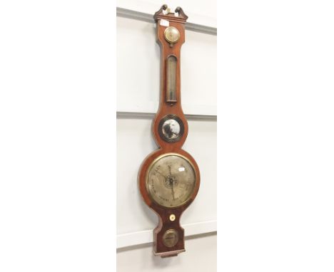 EARLY 19TH CENTURY INLAID MAHOGANY BAROMETER the case with broken swan neck pediment and silvered backplate to the thermomete