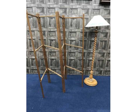 PINE STANDARD LAMP AND A WOODEN FOLDING CLOTHES DRYER