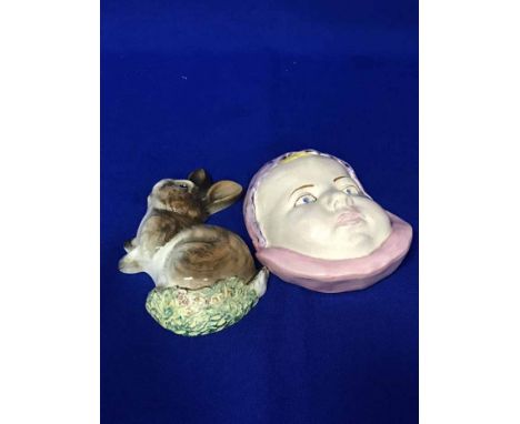 ENGLISH GOLDSCHEIDER WALL MODEL OF A RABBIT,along with an Arthur Wood wall mask (2)