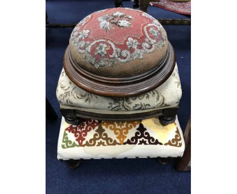BEADWORK FOOT STOOL, ANOTHER STOOL AND A PIN CUSHION