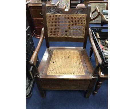 VICTORIAN MAHOGANY LUGGAGE STANDand a vintage wicker panelled commode armchair (2)