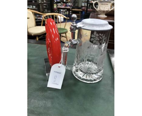 ETCHED GLASS ITALIAN TANKARDtogether with two Murano glass sculptures, an Art Deco style dancing figure and a Royal Letters c