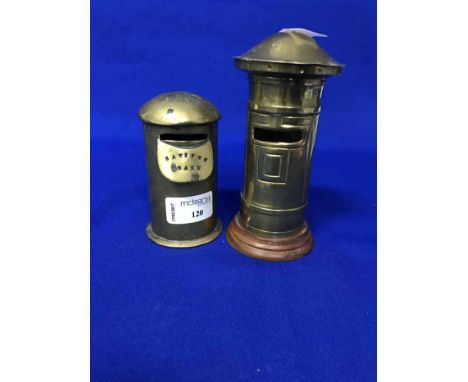 TRENCH ART LETTERBOX, THREE BRASS MINIATURE LETTERBOXES AND A METAL MANTLE CLOCK (5)