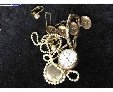 LADY'S RECORD GOLD BRACELET WATCH along with a gold locket on chain, pair of pearl earrings, seed pearl necklace and a pair o