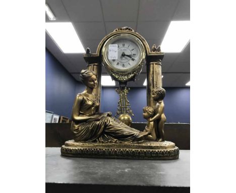 PLATED MYSTERY CLOCK OF VICTORIAN DESIGNtogether with a plaster mantel clock, along with a ceramic cased mantle clock with tw