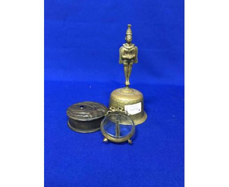 TABLE BELL, ART NOUVEAU COPPER LIDDED SNUFF BOXalong with two plated wine pourers and two small decorative picture frames (6)