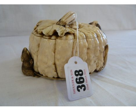 Meiji period ivory trinket box - carved in the form of a pumpkin adorned with monkey, a mouse, a snake and a snail inside cov