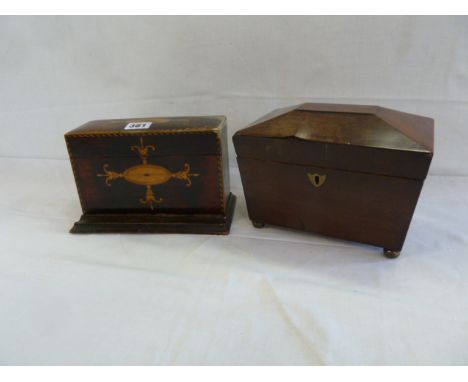 19thC Mahogany sarcophagus shape tea caddy and inlaid letter rack (2) 