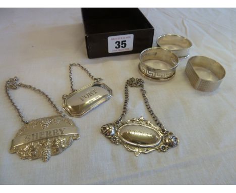 Silver decanter labels (3) and napkin rings (3) 
