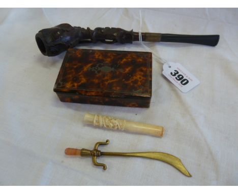 Black forest carved pipe, papier mache snuff box, Chinese carved cigarette holder, Scimitar letter opener (4)