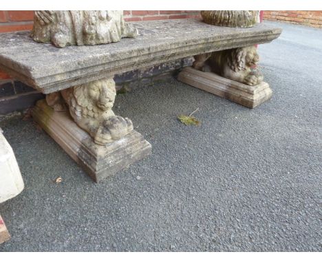 Stone curved garden bench on lion pedestals (70")