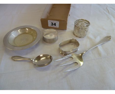 Silver napkin rings, bread fork, pin dish, caddy spoon