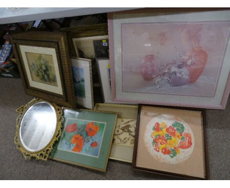 Quantity of framed pictures and prints, metal framed pedestal mirror and an oak framed firescreen