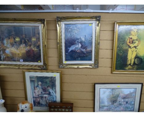 VERNON WARD pleasant gilt framed print - pair of swans with their young, two Victorian style prints of interior scenes and tw