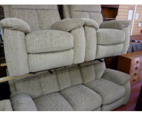 Modern upholstered three piece suite of three seater couch and two armchairs, all having manual recliners