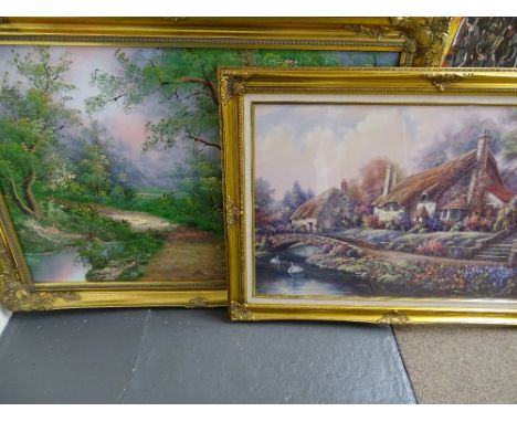 Gilt framed oil on board - study of trees along a footpath and a framed print - thatched cottages with swans and river