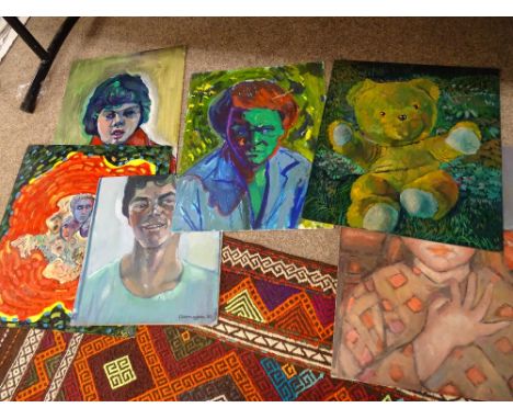 JOHN CHERRINGTON oils on board - six various portrait studies including one a teddy bear, most signed and dated
