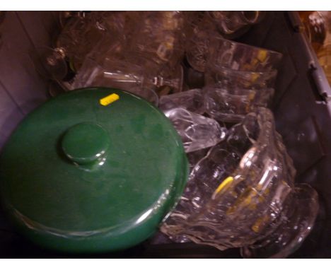 Crate of vintage glassware and a ceramic bread bin with lid