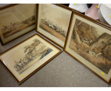 SAMUEL HOWITT four framed antique hunting and horse racing prints, plate nos. 3, 9 and 12, the horse racing no. 2