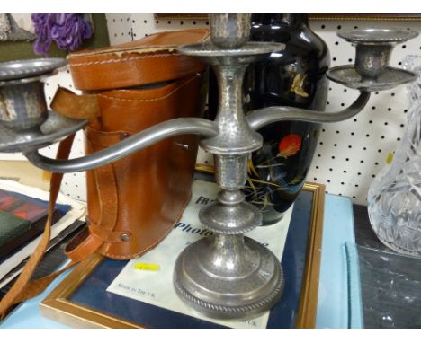 Cased set of binoculars, pewters candelabra, mallard decorated vase etc