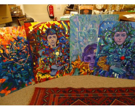 JOHN CHERRINGTON four colourful psychedelic portrait studies, signed and dated 1980s